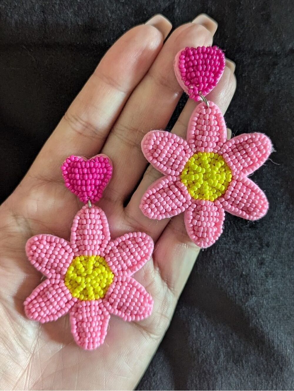Beaded Pink Daisy Flower Dangle Earrings Boho Spring Summer Vacation Floral